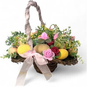Easter Basket Filled  Eggs Floral Greenery Wicker Hat Table Decor Centerpiece